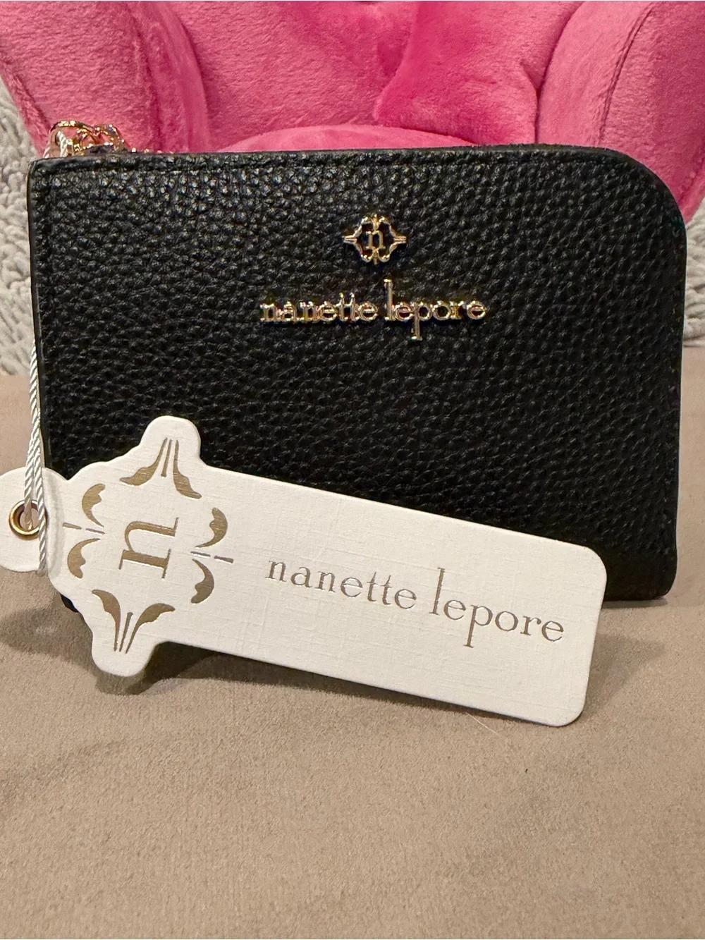 Nanette Lepore Christie Black Pebbled Vegan Leather Zip Card Wallet